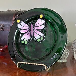 Jan Mitchell Green Glass Plate with Pink Butterfly Design